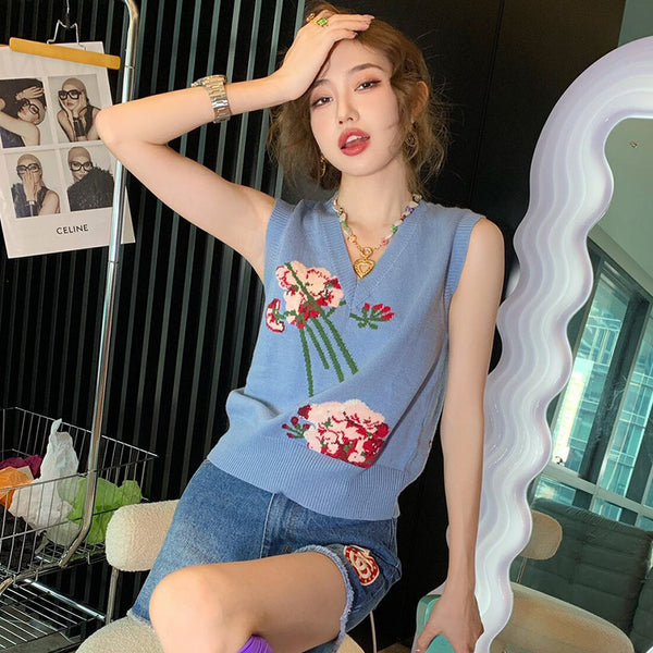 Chaleco Tejido Retro con Intarsia Floral y Cuello en V