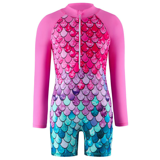 Children's long-sleeve swimsuit with a colorful floral print body and solid pink raglan sleeves, featuring a front zipper. - Image 3
