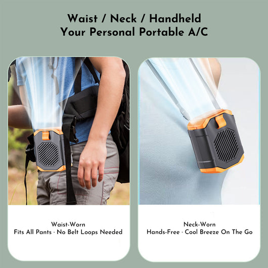 Green and black portable rechargeable mini fan with a clip, shown with a neck lanyard and fast charging cable. - Image 3