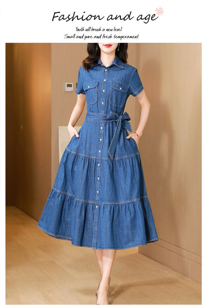 Vestido Camisero de Algodón con Falda Larga y Detalle Denim - Image 9