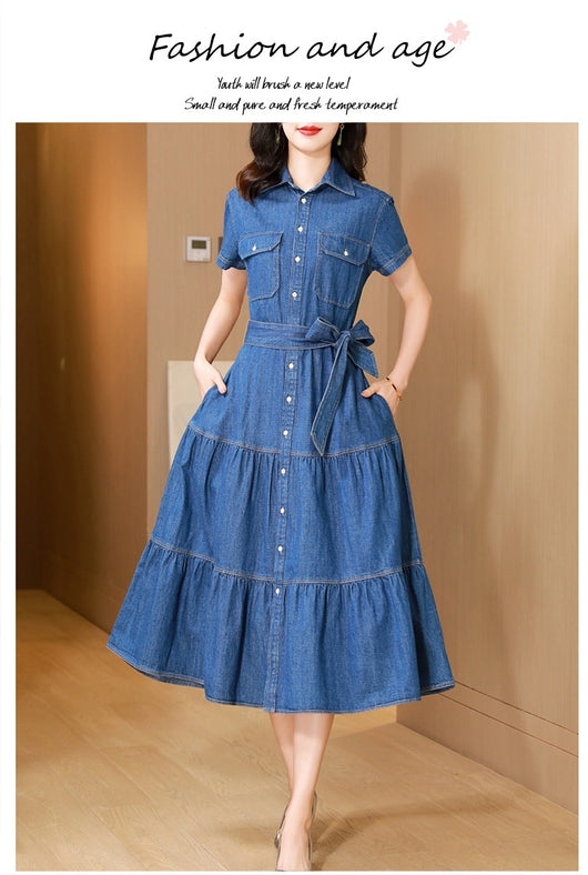 Vestido Camisero de Algodón con Falda Larga y Detalle Denim - Image 9