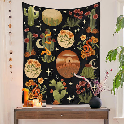 European retro mushroom tapestry with a starry night sky, crescent moon, butterflies, and various colorful fungi and plants. - Image 10
