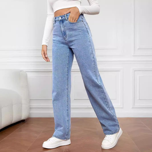 Jeans Rectos Lavados Cintura Media para Mujer