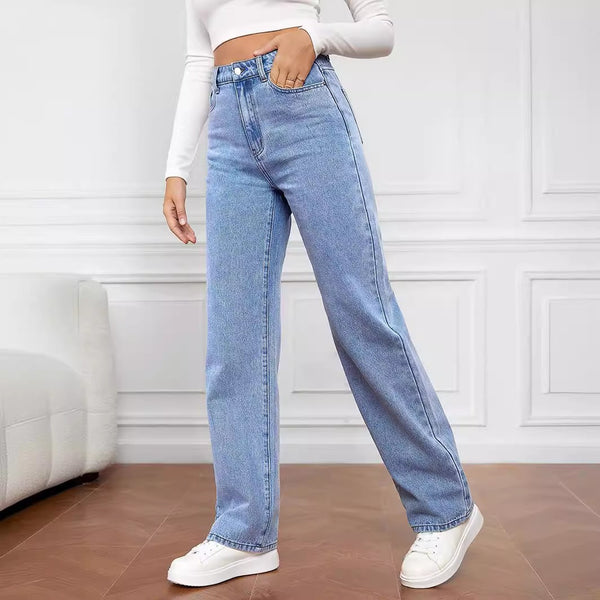 Jeans Rectos Lavados Cintura Media para Mujer