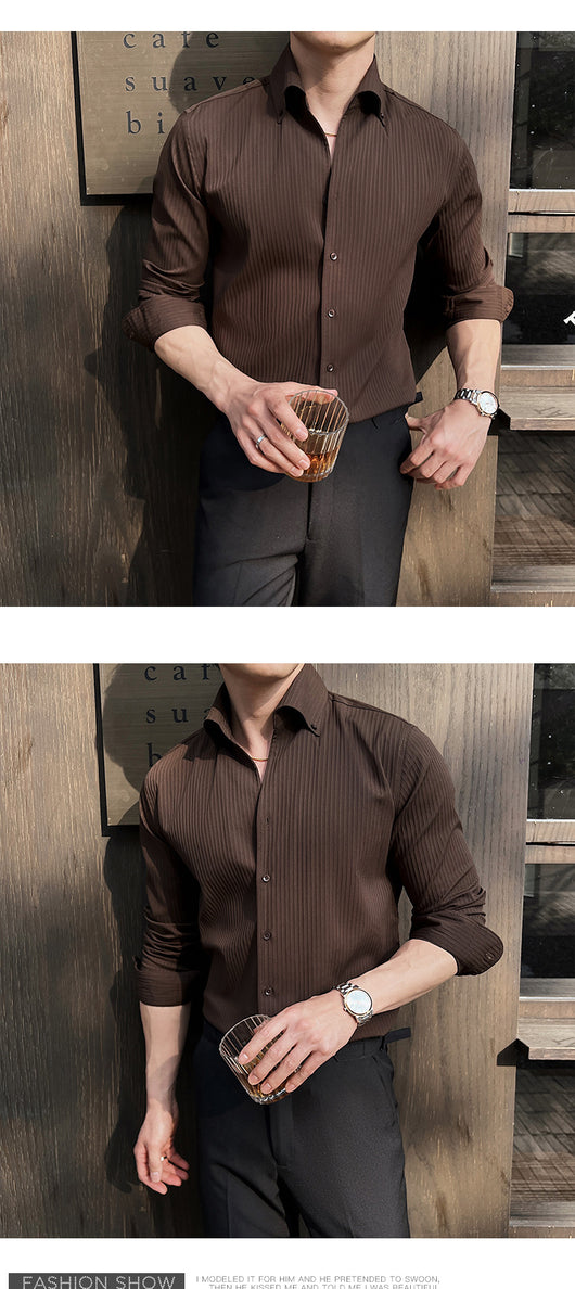 Camisa de Manga Larga con Rayas Oscuras Cuello en V para Hombre - Image 12