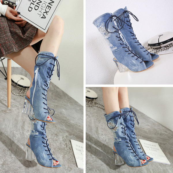 Botas Denim de Tacón Grueso con Punta Abierta y Tira Ajustable