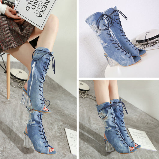 Botas Denim de Tacón Grueso con Punta Abierta y Tira Ajustable - Image 2