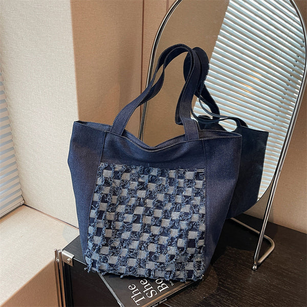 Bolsa Tote de Mezclilla Lavada con Patrón Escocés y Gran Capacidad