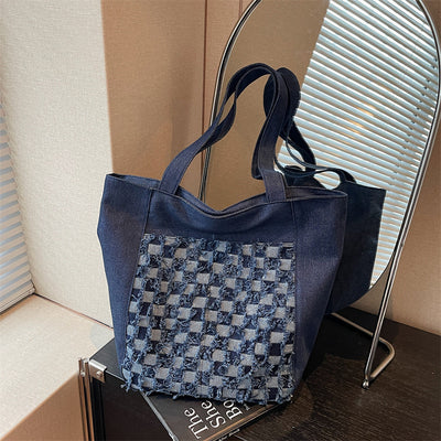 Bolsa Tote de Mezclilla Lavada con Patrón Escocés y Gran Capacidad - Image 2