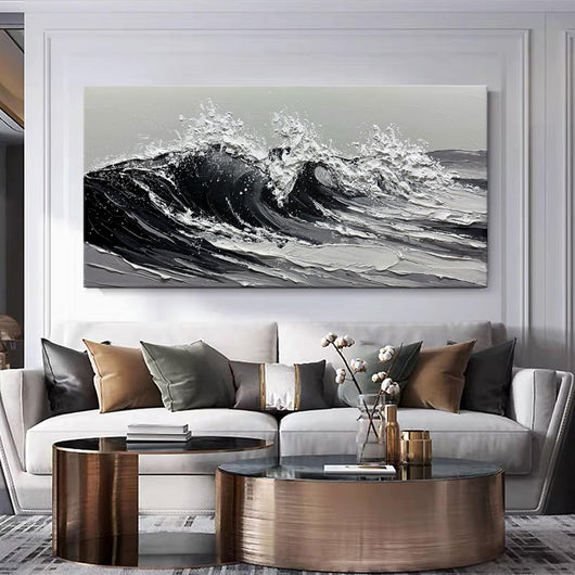 Cuadro Óleo Olas del Mar en Lienzo - Arte Texturizado Hecho a Mano para Sala de Estar
