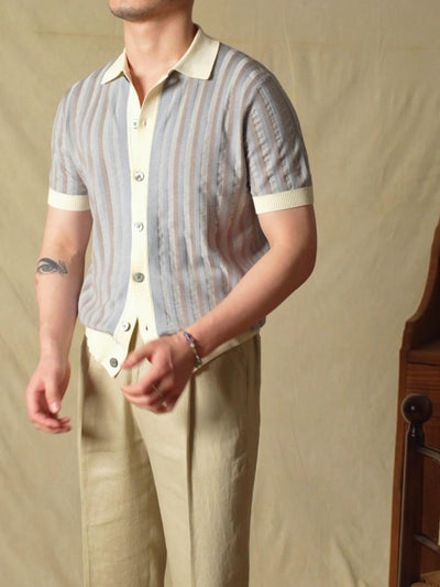 Suéter de Manga Corta con Jacquard Rayado y Costuras Decorativas para Hombre - Image 12