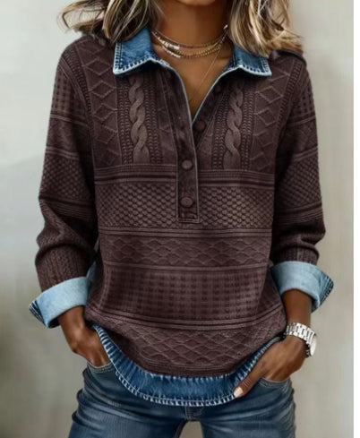 Blusa Retro de Cuello Alto con Estampado y Manga Larga - Image 9