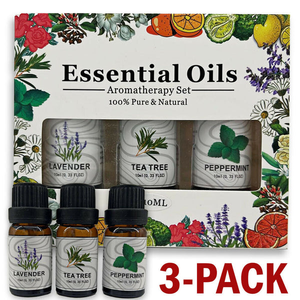 3-pack essential oil set with lavender, tea tree, and peppermint scents in amber bottles and a decorative box.
