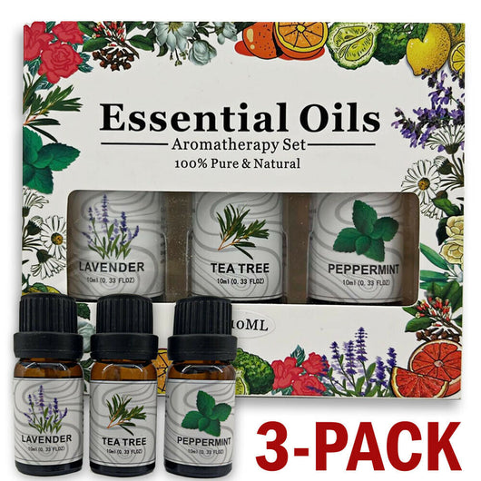 3-pack essential oil set with lavender, tea tree, and peppermint scents in amber bottles and a decorative box.