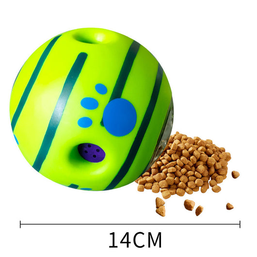 Green and blue striped dog toy food dispenser ball with kibble, measuring 14CM in diameter. - Image 5
