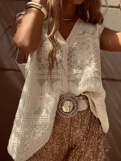 Chaleco Cardigan con Encaje Bordado y Hebilla - Top Versátil para Vacaciones - Image 12
