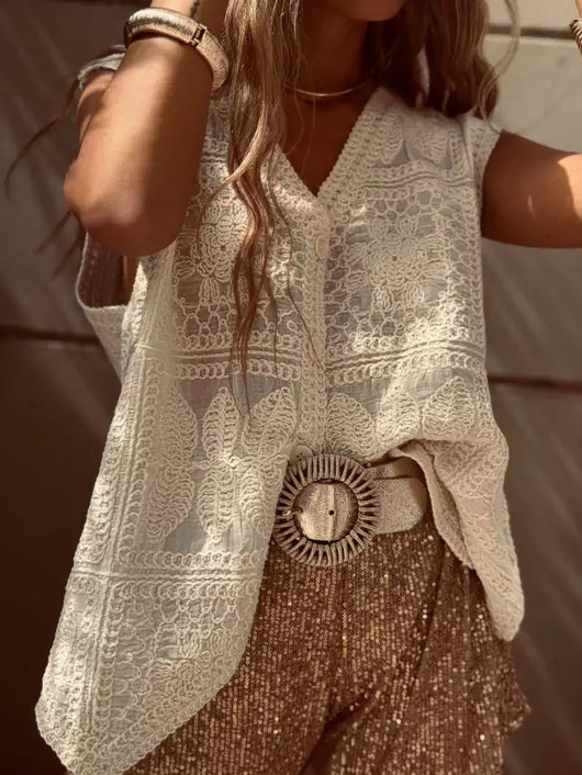 Chaleco Cardigan con Encaje Bordado y Hebilla - Top Versátil para Vacaciones - Image 12