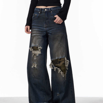 Pantalones Vaqueros Rotos Camuflaje Mujer Cintura Alta Pierna Recta Oversize