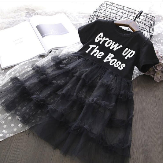 Vestido Niña Estilo Pastel con Malla y Detalles en Letras