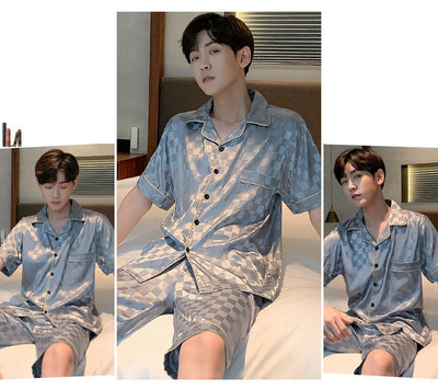 Pijama Hombre Verano Seda Hielo Talla Grande Manga Corta Jacquard Suave - Image 21