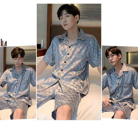 Pijama Hombre Verano Seda Hielo Talla Grande Manga Corta Jacquard Suave - Image 21