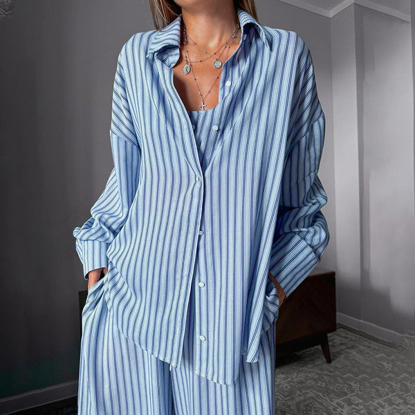 Conjunto de 3 Piezas Y2K Mujer: Top Rayado, Camisa Manga Larga y Pantalón Elástico - Image 6