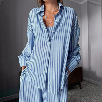 Conjunto de 3 Piezas Y2K Mujer: Top Rayado, Camisa Manga Larga y Pantalón Elástico - Image 6