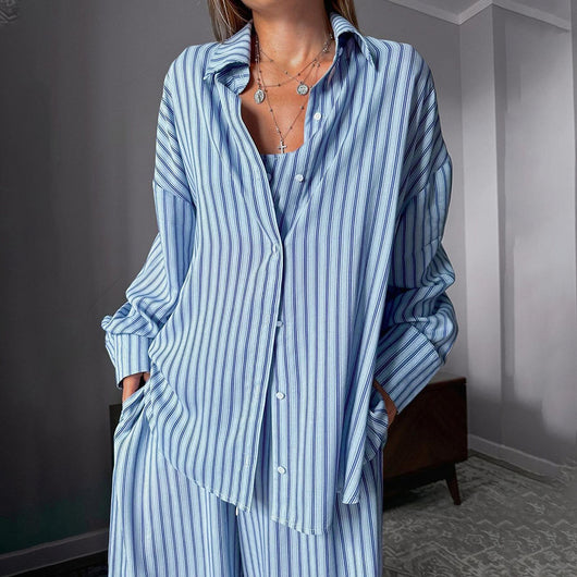 Conjunto de 3 Piezas Y2K Mujer: Top Rayado, Camisa Manga Larga y Pantalón Elástico - Image 6