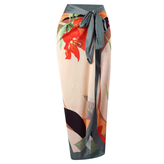 Two-piece tropical print swimsuit set with a V-neck one-piece and a matching long wrap skirt with tie waist. - Image 6