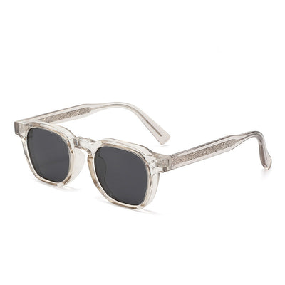 Black square frame sunglasses with dark lenses and small silver accents on the front, shown at an angle. - Image 7