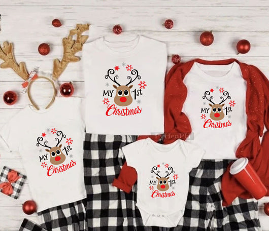 Family matching white Christmas t-shirts and baby bodysuit with 'Merry Christmas' graphic, paired with black and white plaid pajama bottoms. - Image 6