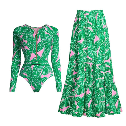 Green and pink tropical leaf print maxi skirt with tiered ruffles and an elastic waistband. - Image 20
