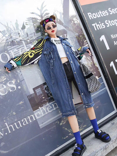 Chaqueta Denim con Detalles de Costura Graffiti - Abrigo Largo Tipo Windbreaker - Image 8