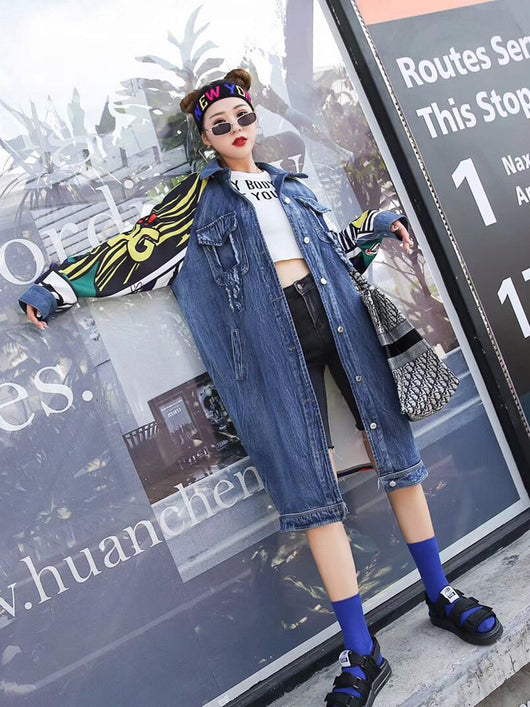 Chaqueta Denim con Detalles de Costura Graffiti - Abrigo Largo Tipo Windbreaker - Image 8