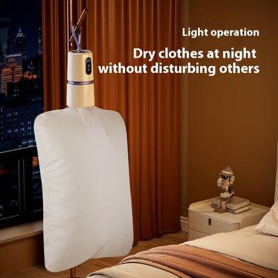 White and blue mini household air dryer with a digital display and hanging loop, shown next to a gold smartphone. - Image 3