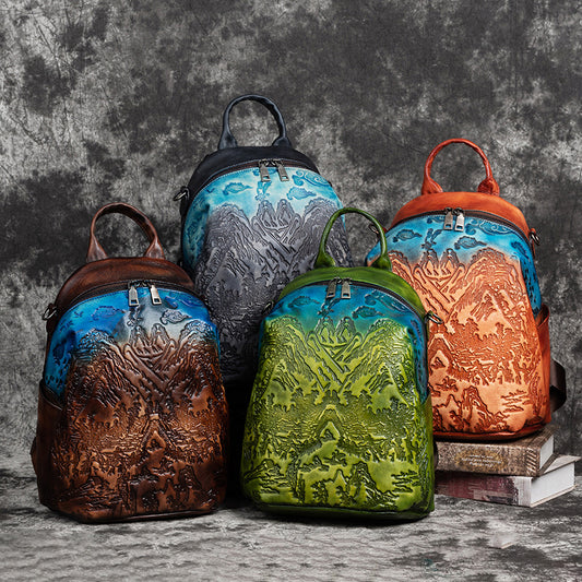 Mochila de Cuero Curtido al Vegetal con Grabado Vintage en Piel de Res