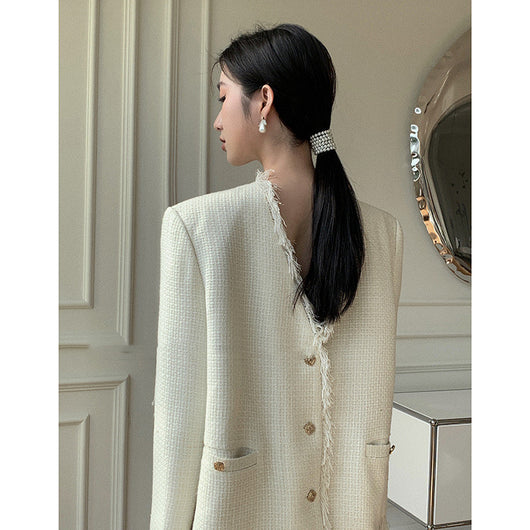 Abrigo Tweed Estilo Hepburn con Hombreras y Flecos Coreano - Image 10