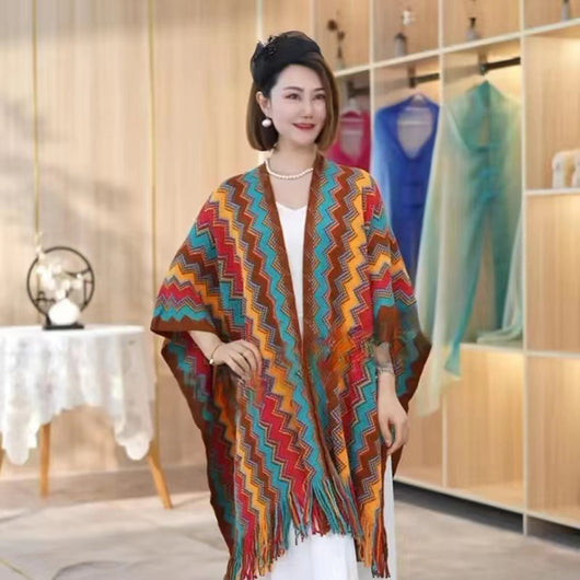 Rebozo Étnico Geométrico con Patrón Wave - Tejido Grueso y Cálido para Viajes - Image 8