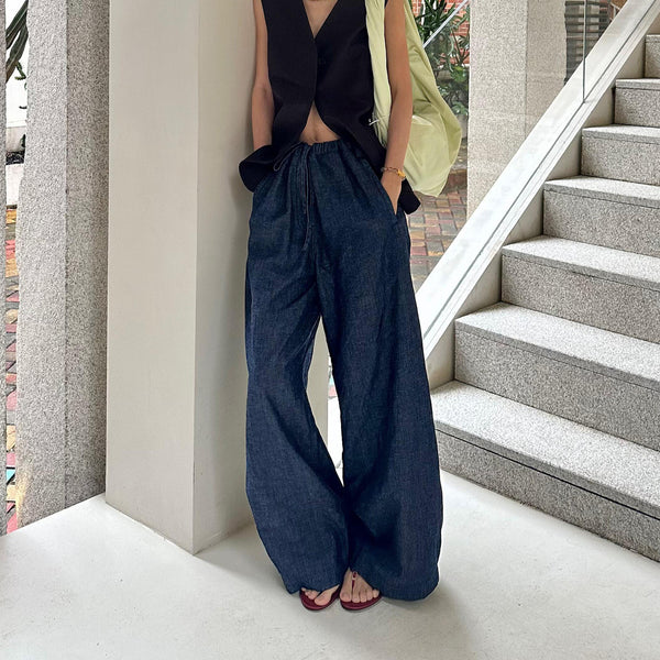 Pantalones Vaqueros Anchos con Cintura Elástica y Cordón Ajustable