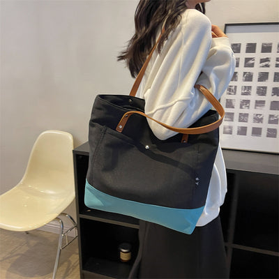 Bolsa de Hombro Estilo Asiático con Contraste de Colores - Gran Capacidad para Compras y Trabajo
