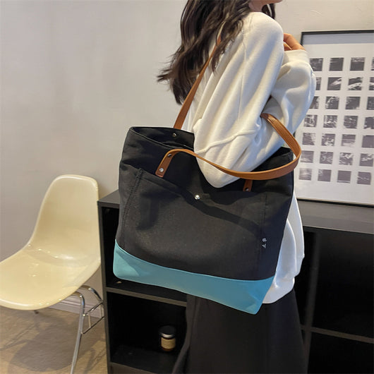 Bolsa de Hombro Estilo Asiático con Contraste de Colores - Gran Capacidad para Compras y Trabajo