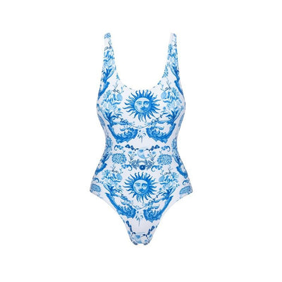 White one-piece swimsuit with a blue sun and intricate floral pattern, featuring a scoop neck and wide straps. - Image 11