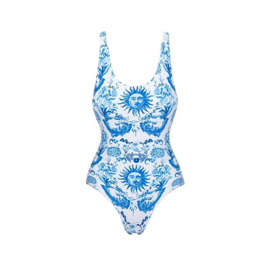 White one-piece swimsuit with a blue sun and intricate floral pattern, featuring a scoop neck and wide straps. - Image 11
