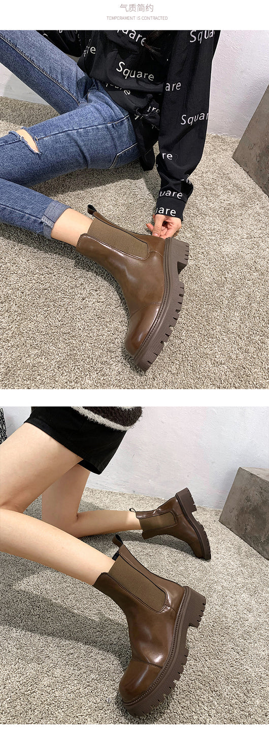 Botas Plataforma Retro British Style en Terciopelo Marrón - Botas Skinny para Invierno - Image 7