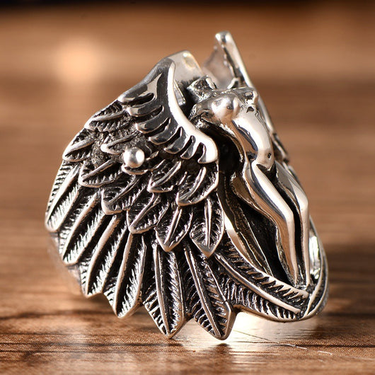 Anillo Plata 925 Ángel Guardián Vintage con Alas de Pluma - Image 6