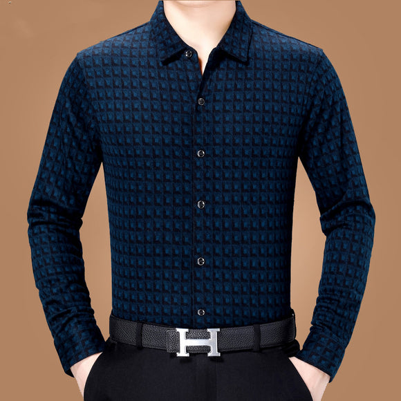 Camisa Casual de Negocios a Cuadros Manga Larga para Hombre Maduro