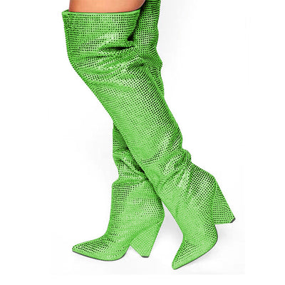 Botas Hasta la Rodilla con Tacón Cuña Punteado y Cristales Brillantes Talla Grande - Image 10