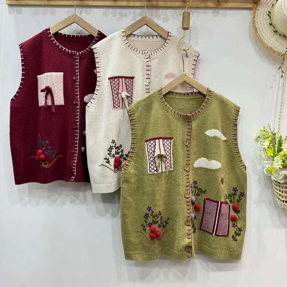 Chaleco Cardigan Mori Girl Bordado Estilo Retro Literario