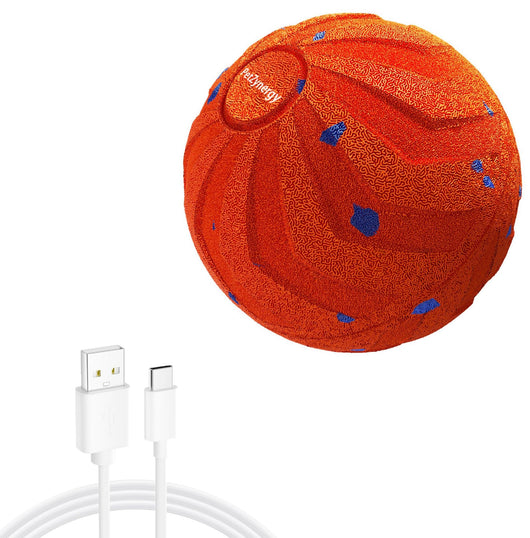 Black textured pet toy ball with blue accents and 'PetZynergy' logo, shown with a white USB-A to USB-C charging cable. - Image 7