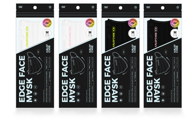 White V-shape face mask with pink ear loops, packaged in a clear and black pouch, size S, by Kalor Cvre. - Image 5